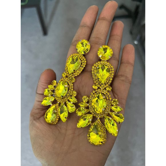 Big Yellow earrings large jonquil rhinestone crystal chandelier huge pierced - Picture 7 of 9